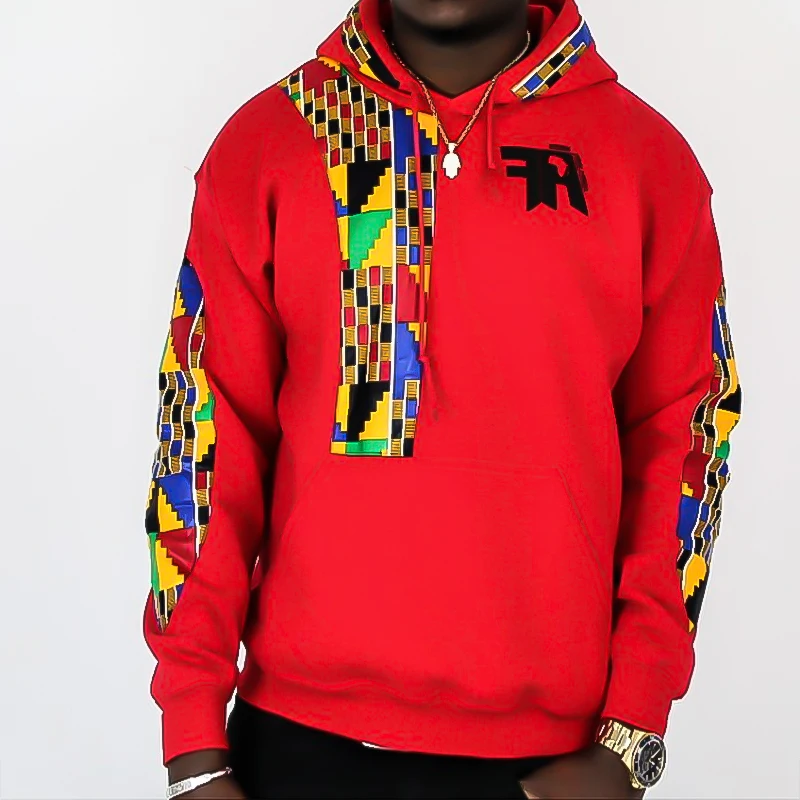

Custom African Plain Red 100% Cotton Wax Fabric Kente Print Long Sleeve Hoodies Men Sweatshirt With Two Pockets, Customized