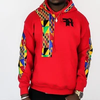 

Custom African Plain Red 100% Cotton Wax Fabric Kente Print Long Sleeve Hoodies Men Sweatshirt With Two Pockets