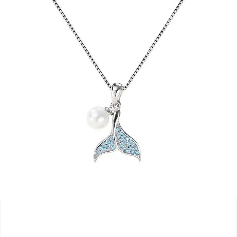 

fashion jewellery 925 sterling silver elegant minimalist pearl all-match fish tail zircon crystal pendant necklace women