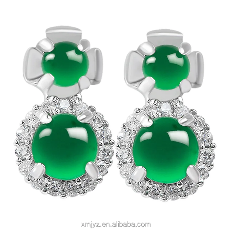 

Certified Grade A S925 Silver Inlay Natural Emerald Green Egg Surface Ice-Like Earrings Jade Fashion Earrings For Women