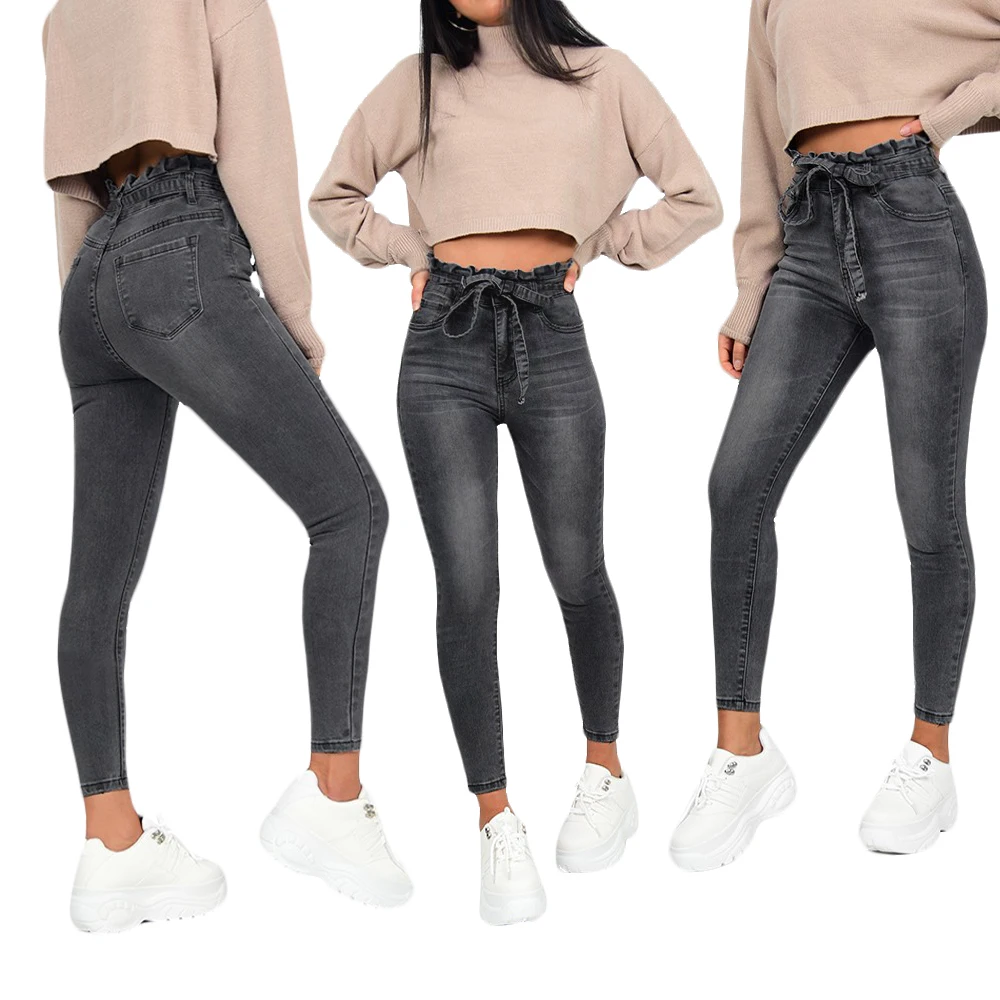 

2019 Fashion High waist solif legging hip hop lace-up streetwear tight jeans for ladies FM-S3683, As pictures