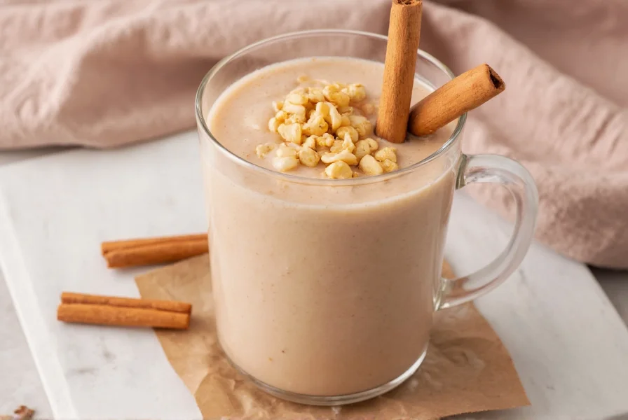 Peanut butter and cinnamon smoothie in glass with cinnamon stick garnish