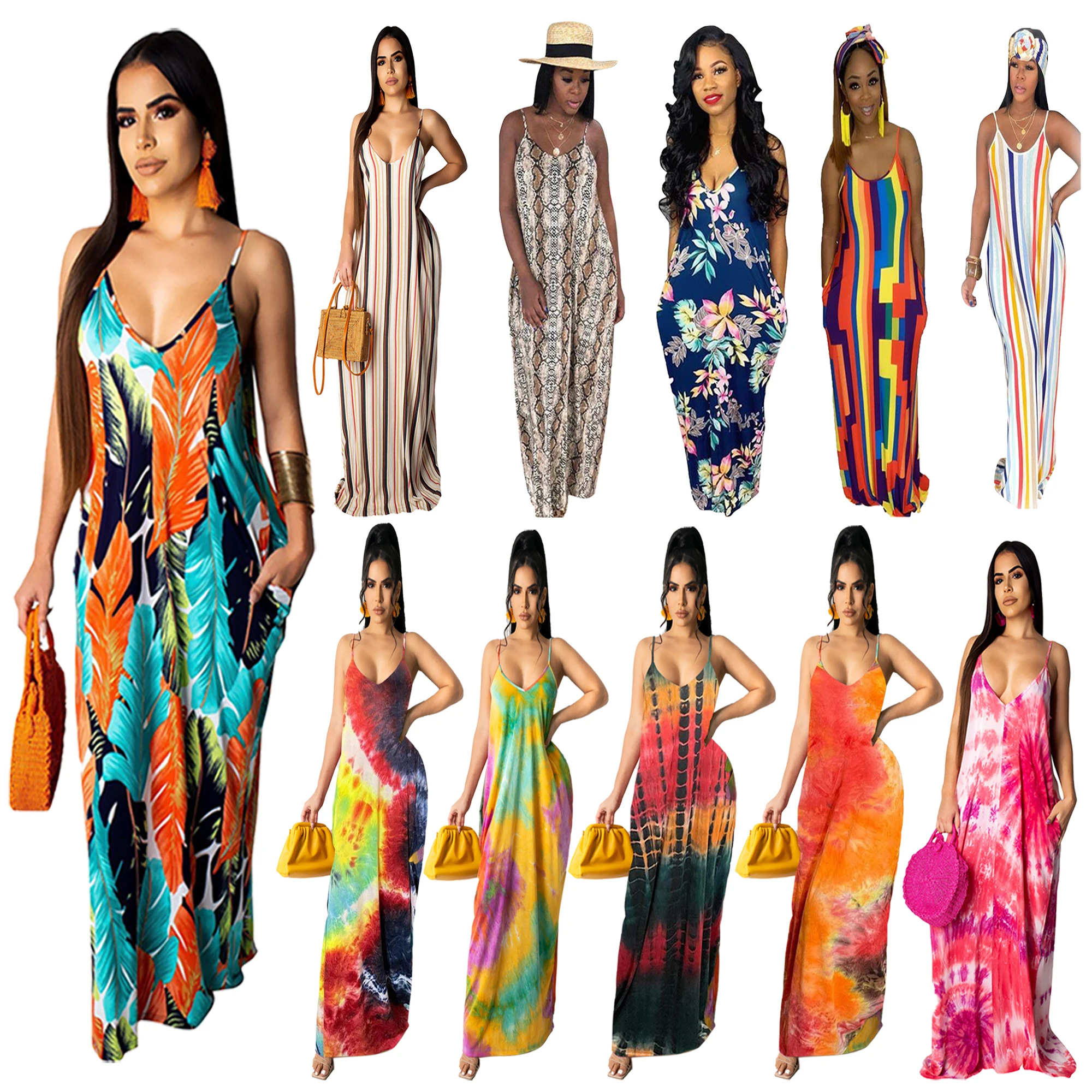 

2021 summer ladies sleeveless plus size fasion sexy tie dye women floor clothing dresses, 10 colors