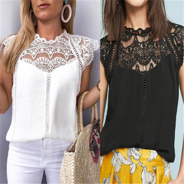 

Summer 2021 Womens Tops Blouses Lace Patchwork Sleeveless Solid Shirt Women Shirt, White,black