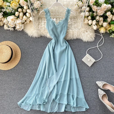 

2020 Hot Sales Women Fashion Sleeveless Polka Dot Chiffon Long Beach Dress
