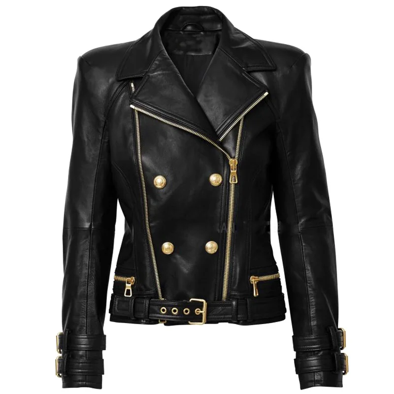 

Qualified turn down collar blazer motorcycle leather jackets for women, Black