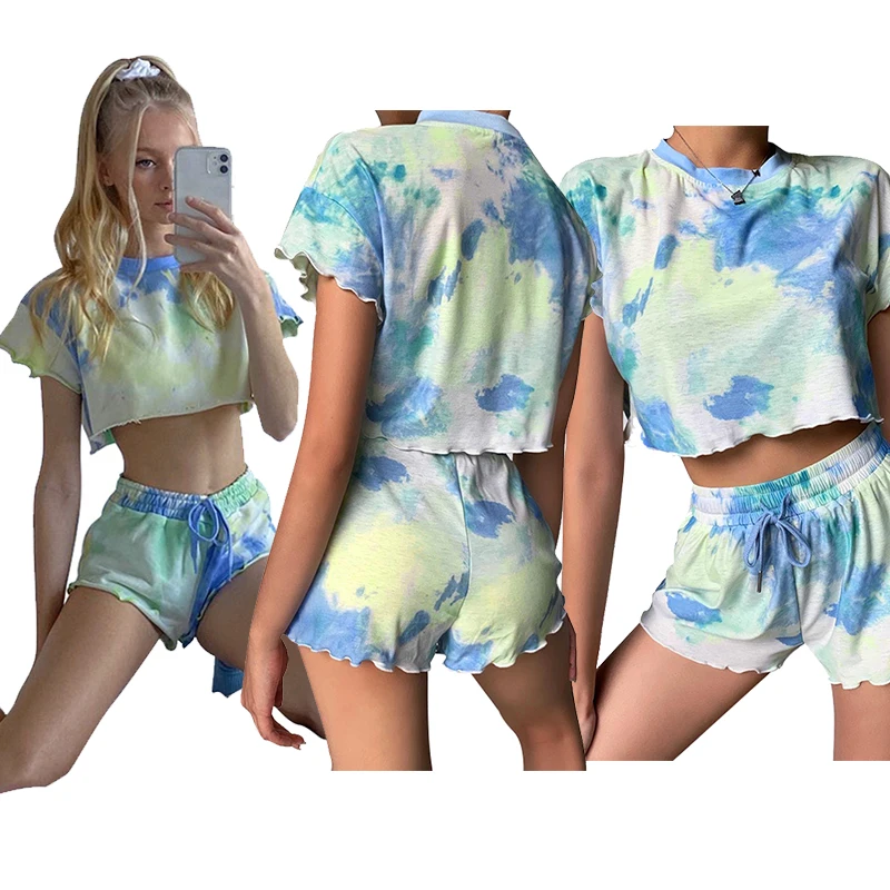

Summer 2 piece pajama set women lounge wear sets cotton lounge wear women casual tie dye sleepwear for women pajama shorts