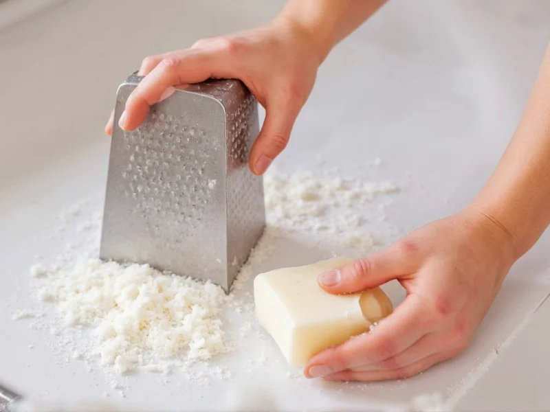 Hand grating a white soap bar into fine flakes for detergent