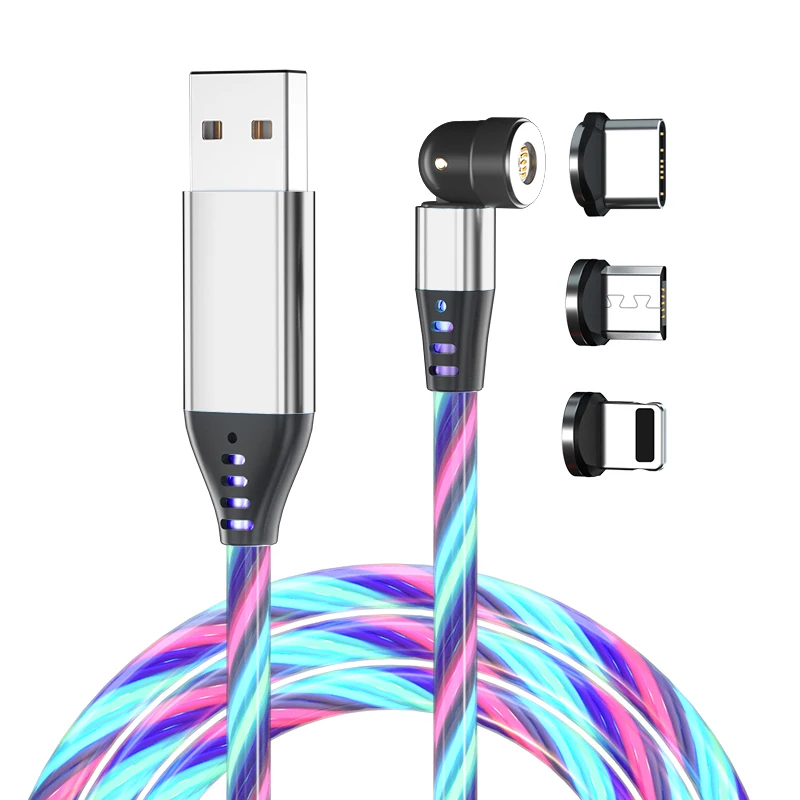 

Luminous 540 degree rotating LED flowing light Magnetic phone cable on stock usb cable for micro/IOS / Type C, Red, blue, green, colorful