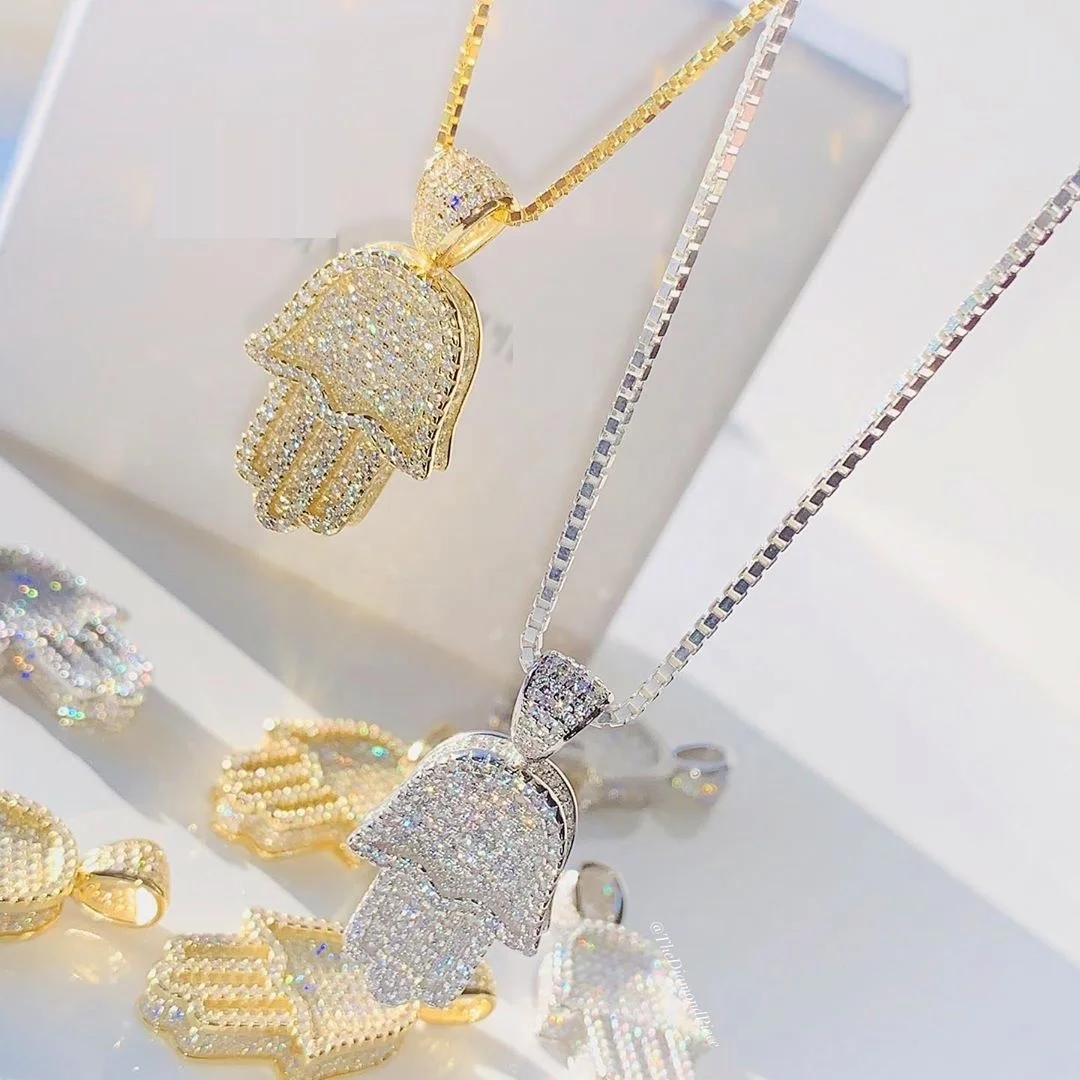 

Trendy cz hip hop bean chain box chain micro pave Hamsa hand pendant iced out bling jewelry necklace for women, Gold silver