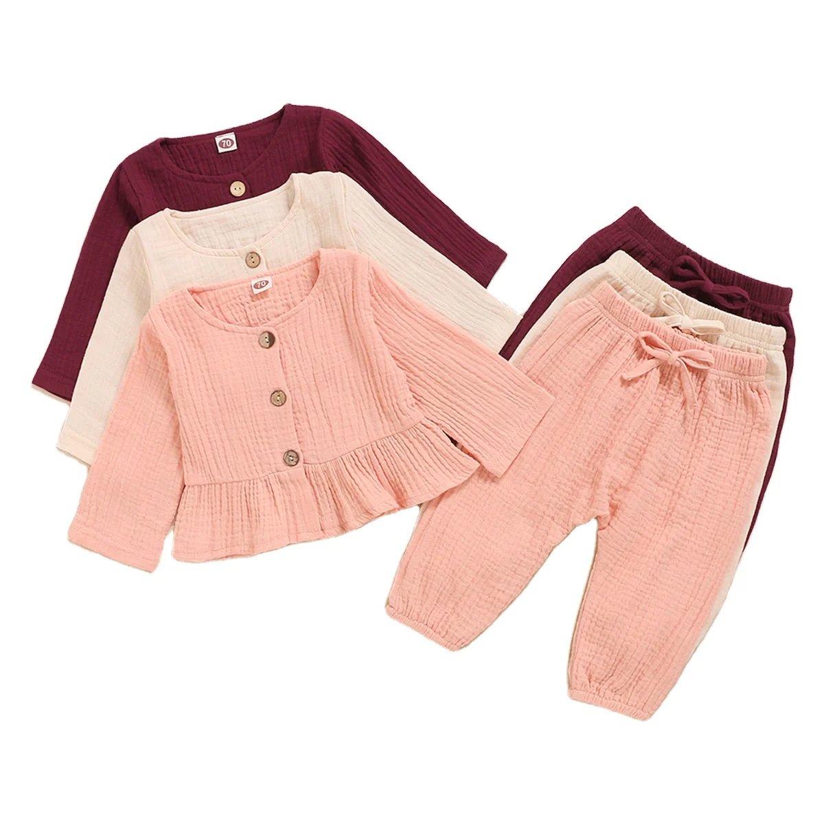 

Ins autumn winter muslin baby clothes girls 2pcs outfits long sleeve dress shirt with casual pants kids children clothing set, Customized colors accept
