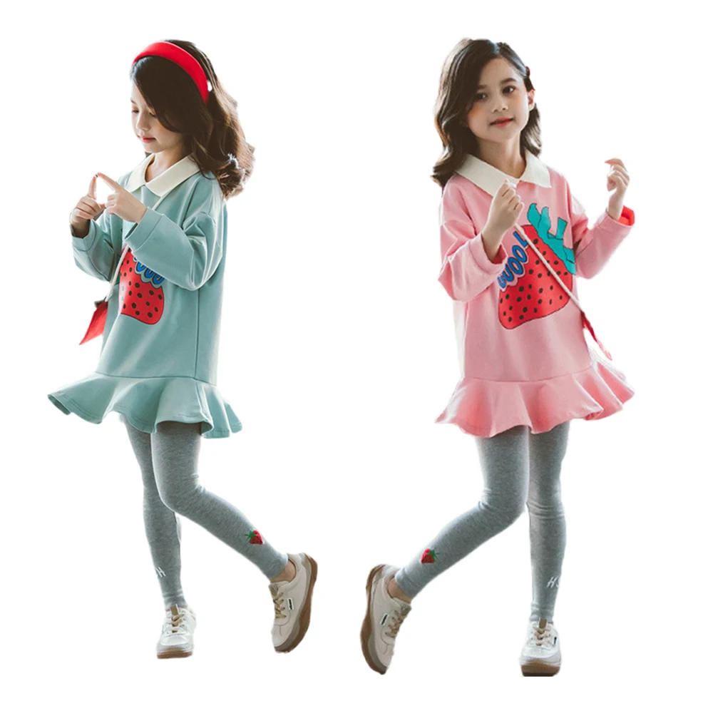 

2021 new children's wear girls fashion spring fall children set cute strawberry little girl clothing