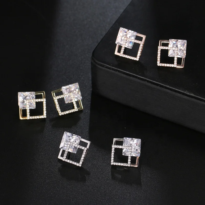 

Trending design jewelry punk simple square hollow stud earrings women hip hop bling crystal geometric drop earring wedding party, Rose gold silver