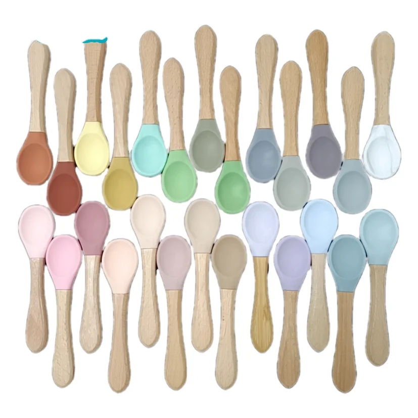 

OEM Infant Silicone Spoon And fork Kit Baby Feeding Set Wooden Handle Spoon Spork Cutlery