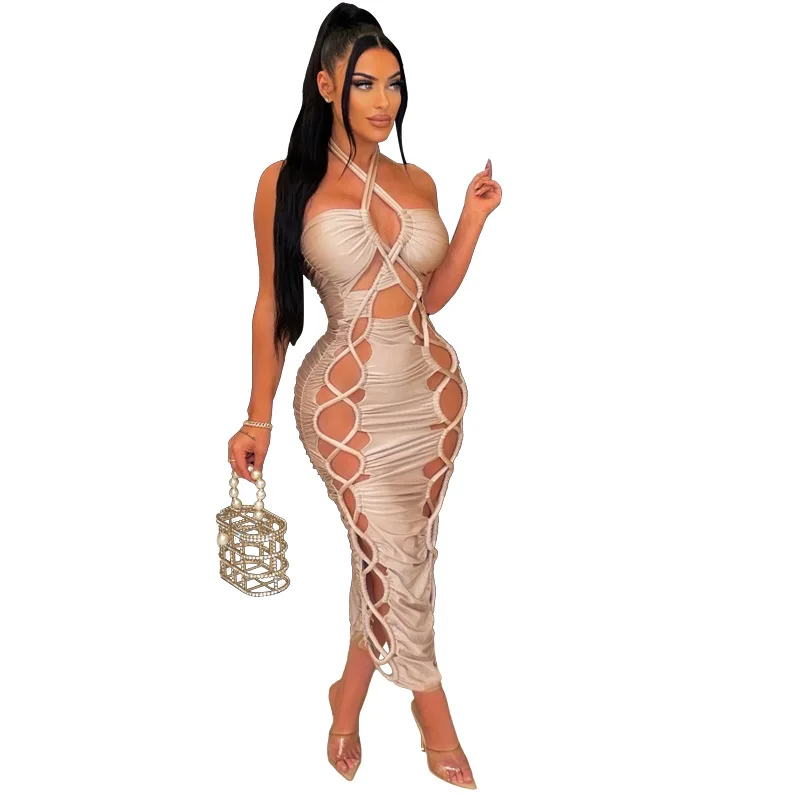 

H9477 - Bodycon Sexy Pure Color Halter Strap Hollow Out Ladies Dress