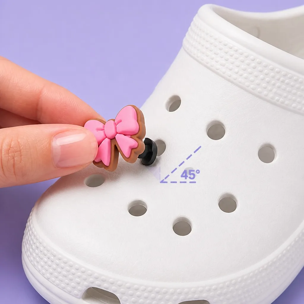 Hand inserting a pink bow charm into a clog ventilation hole at a 45 degree angle