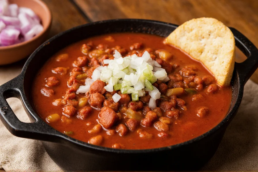 Authentic Texas red chili in a cast iron pot with deep red color, served with traditional toppings like onions and oyster crackers