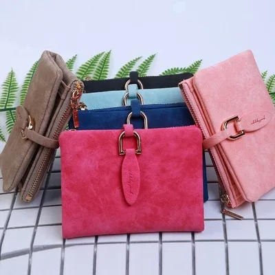 

6 Colors Optional High Quality Funky Nubuck Pu Leather Leaf Zipper Short Women's Wallet Card Holder, Mix