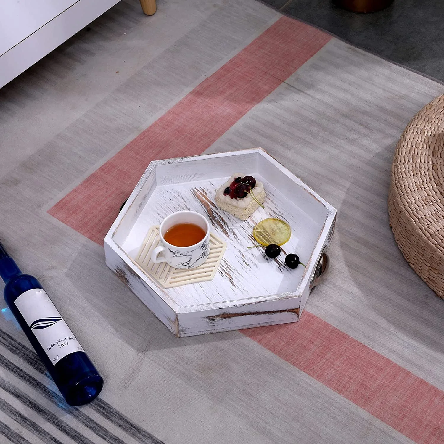 

Hexagon Wooden Serving Tray Decorative Trays or Whitewashed Color Breakfast Tray with Sliver Handles