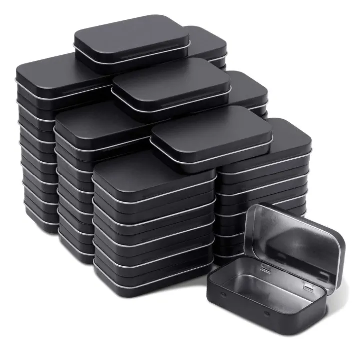 

Custom printed metal rectangular empty hinged tins matte black mini portable box containers small empty condoms metal tin box