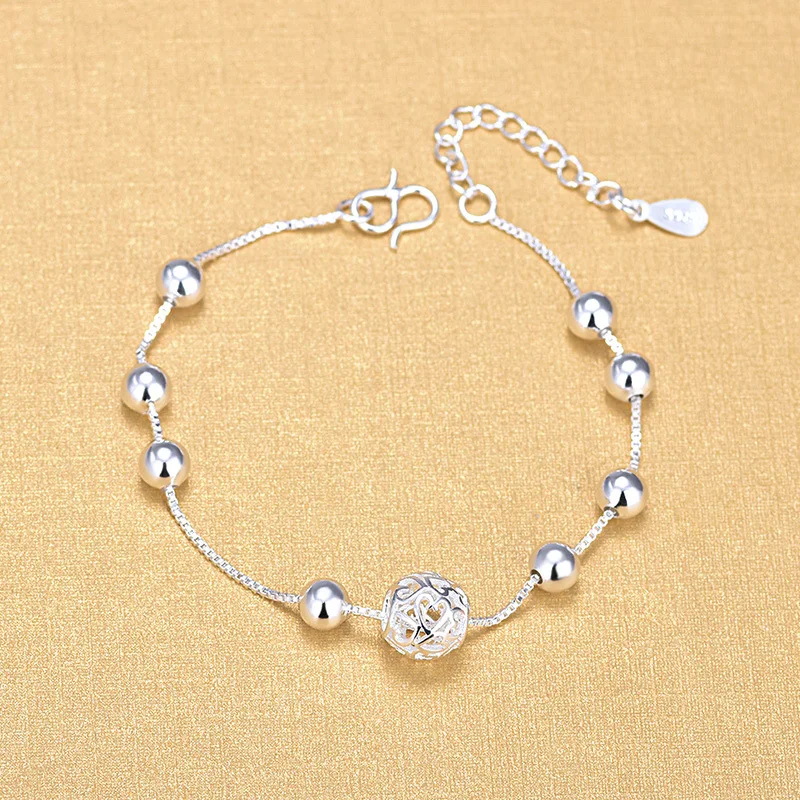 

925 Sterling Silver Round Beads Box Chain Bracelets For Women Wholesale Jewelry