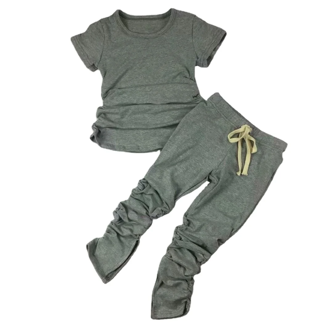 

RTS 40 Colors Fall Kid Stacked Pants Baby Girls Clothing Sets, As picture