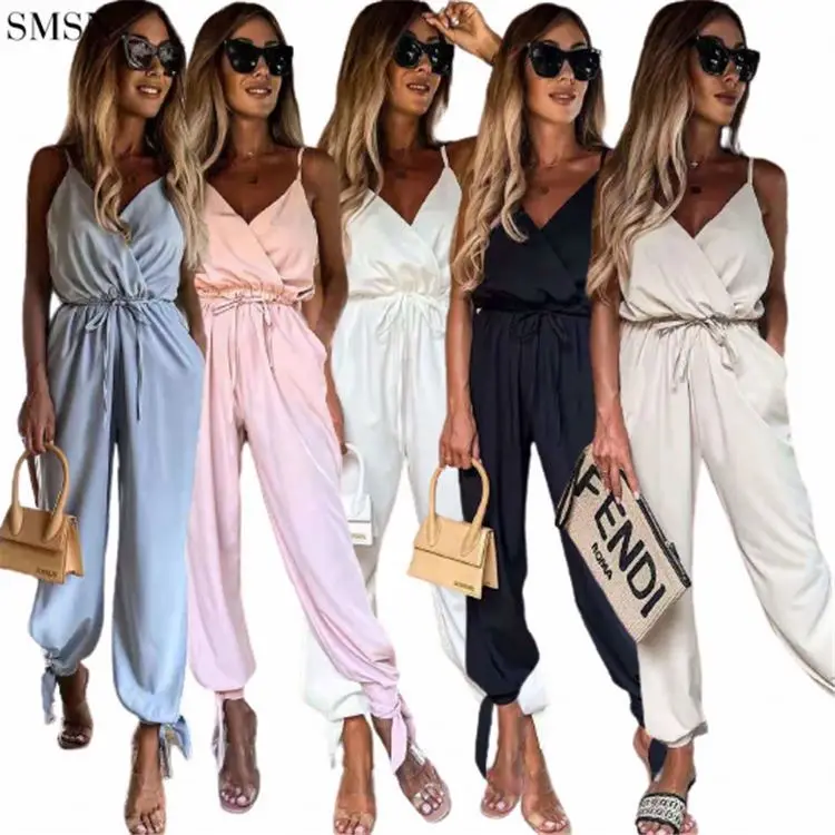 

Best Design Pure Color Casual Spaghetti Strap V-Neck One Piece Jumpsuits Womens One Piece Jumpsuit