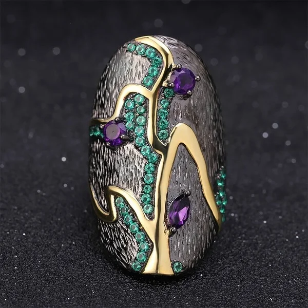 

Antique Silver Gold Two Tone Big Wedding Rings For Women Men Charm Purple Green Stone Crystal Engagement Ring Vintage Jewelry, Picture