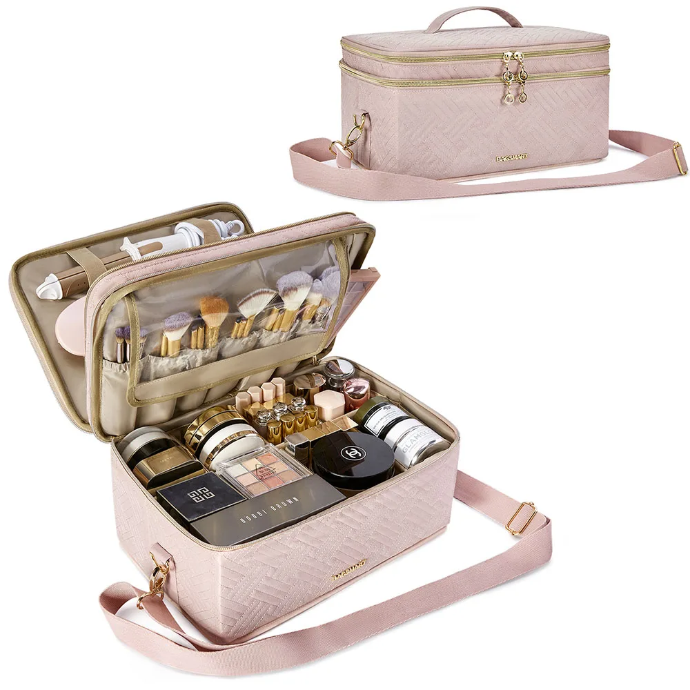 

Bagsmart Large Capacity Double Layer Travel Size Toiletries Cosmetic Items Bag Travel Women Makeup Organizer Makeup Accessories, Black/pink