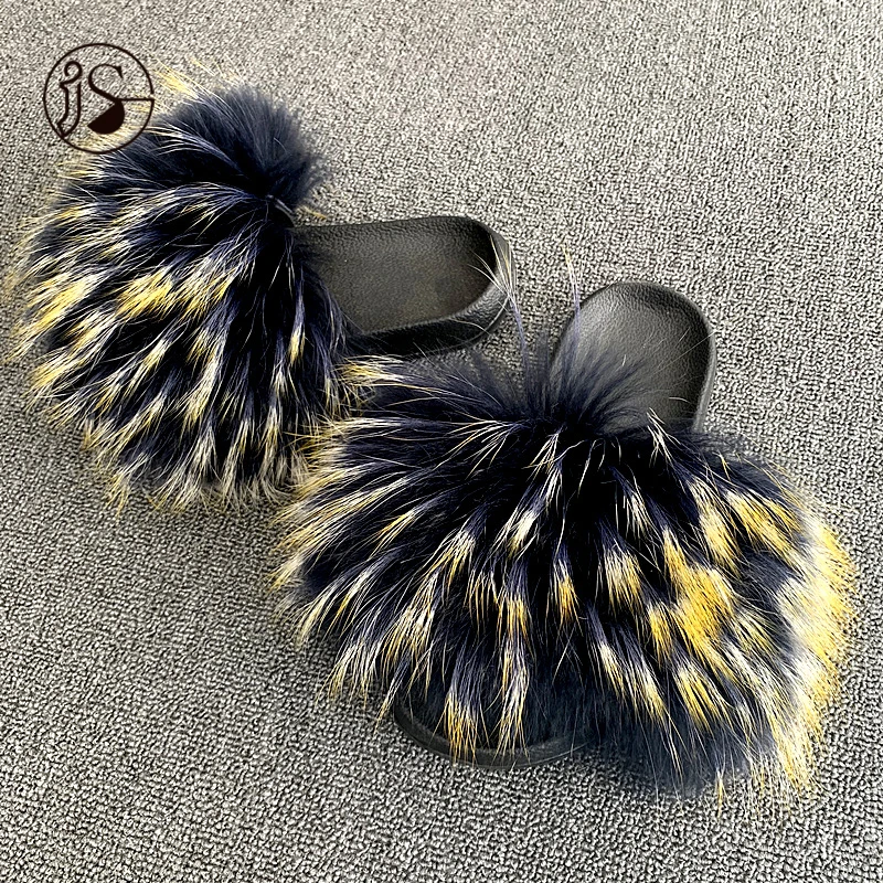 

Real raccoon fur slippers 2021 Colorful fur slides custom soft warm women slippers mules shoes women, Picture