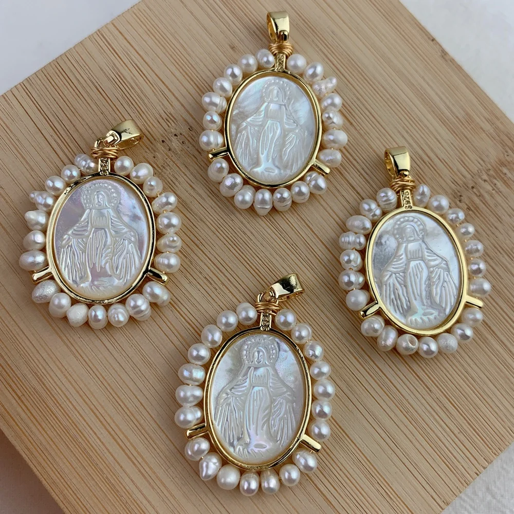 

Natural MOP Shell Freshwater Pearl Religious Virgin Mary Medal Pendants Charms For Jewelry Making Necklace