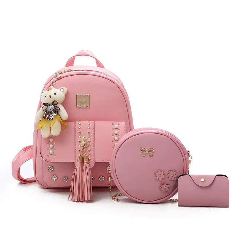 

Fashion Flower Tassel Rivet Decoration Three-Piece Set Women Backpack, Black/gray/pink/beige