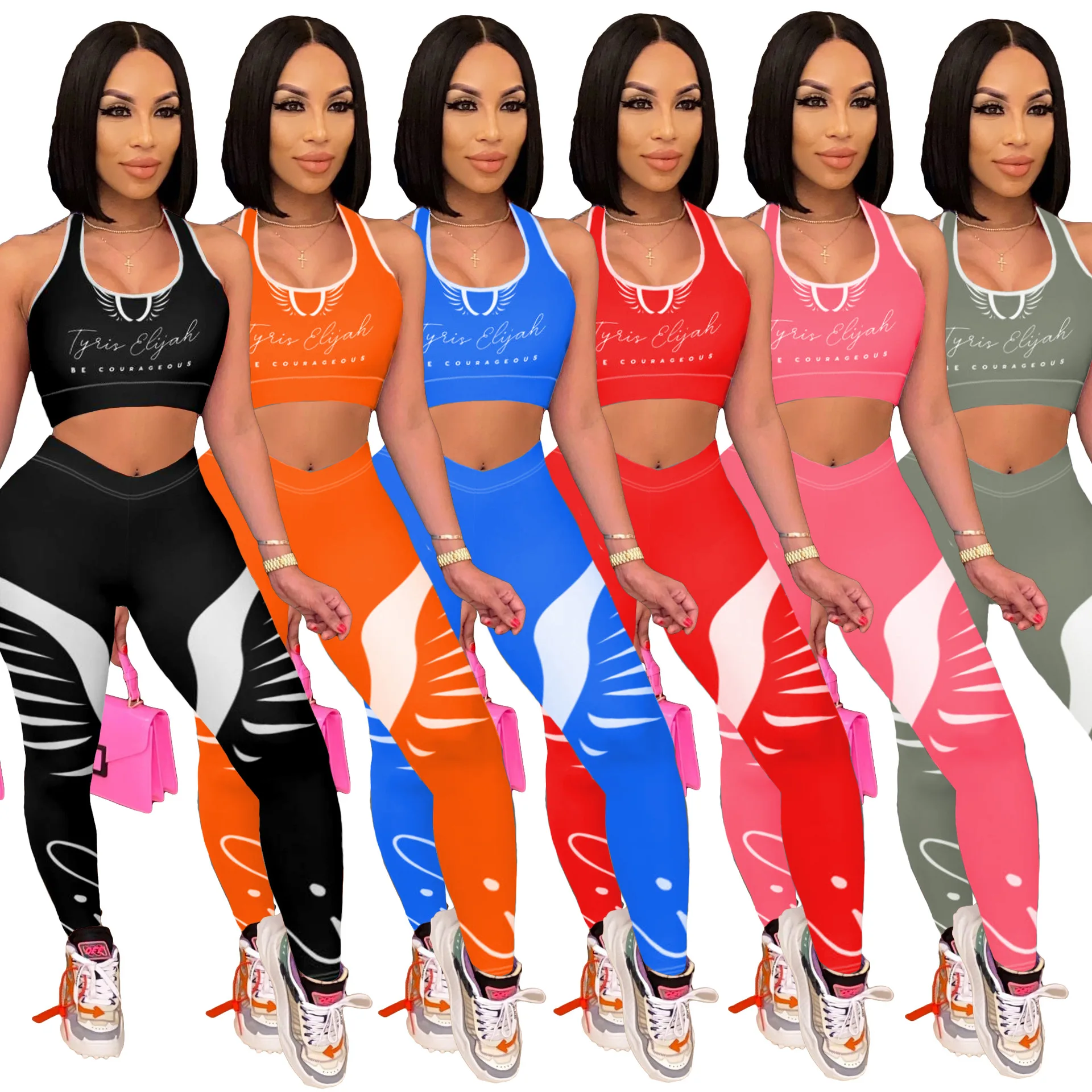 

Sleeveless Fitness Casual Two Piece Sets Women vest And Printed Slim Pants Outfits Fashion Workout Matching Set, Black,orange,blue