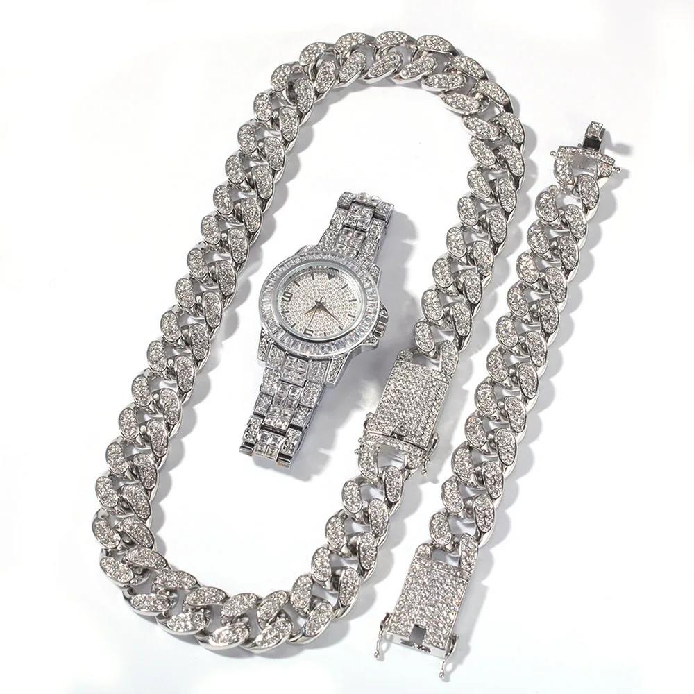 

gold sliver hip hop color Iced out crystal miami cuban chain men necklace bracelet watch set, Customized colors