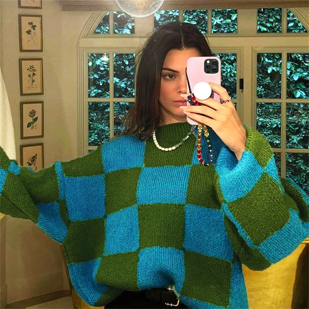 

Dropshipping wool knitted sweater for fall and winter 2021 round neck long sleeve diamond contrast sweater loose sweater women, Khaki,green