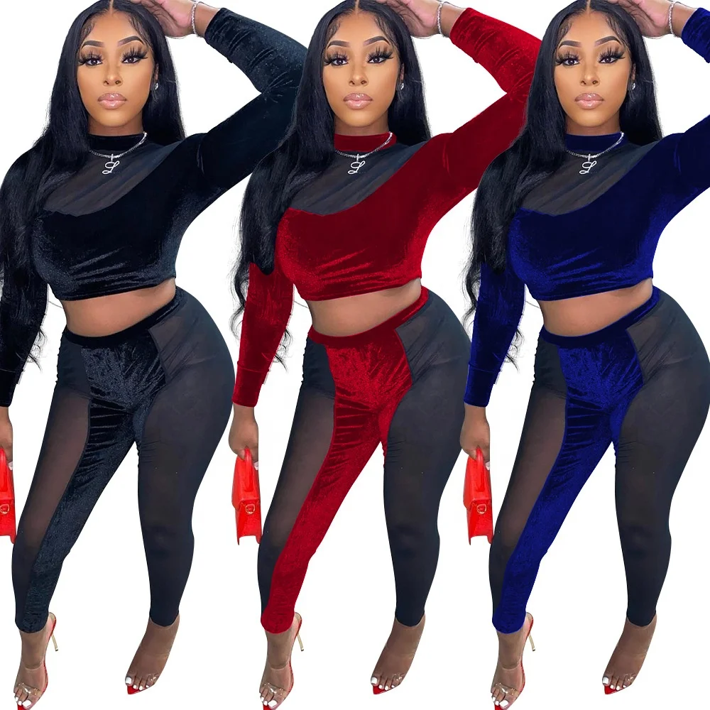 

Sexy Mesh Body Suit Velvet Stitching Long Sleeves Clothing Sets Women Two Piece Set