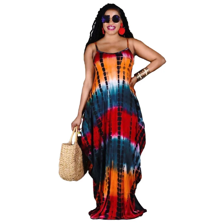 

Women Tie Dye Print Maxi Beach Dress Sleevless Spaghetti Slim with Pocket Vintage Long Dresses Summer Vestidos