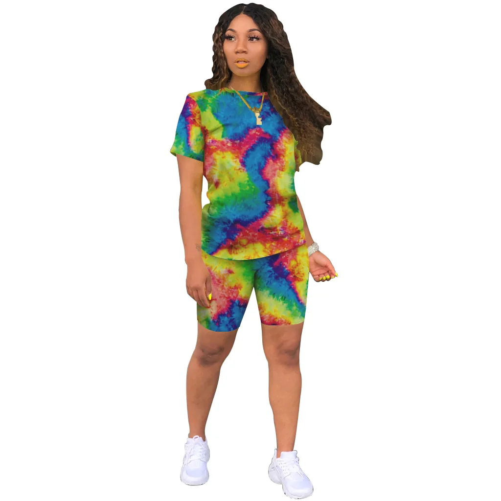 

Latest design Short Sleeve printed round neck women's sportswear casual two piece Shorts Set, 4color
