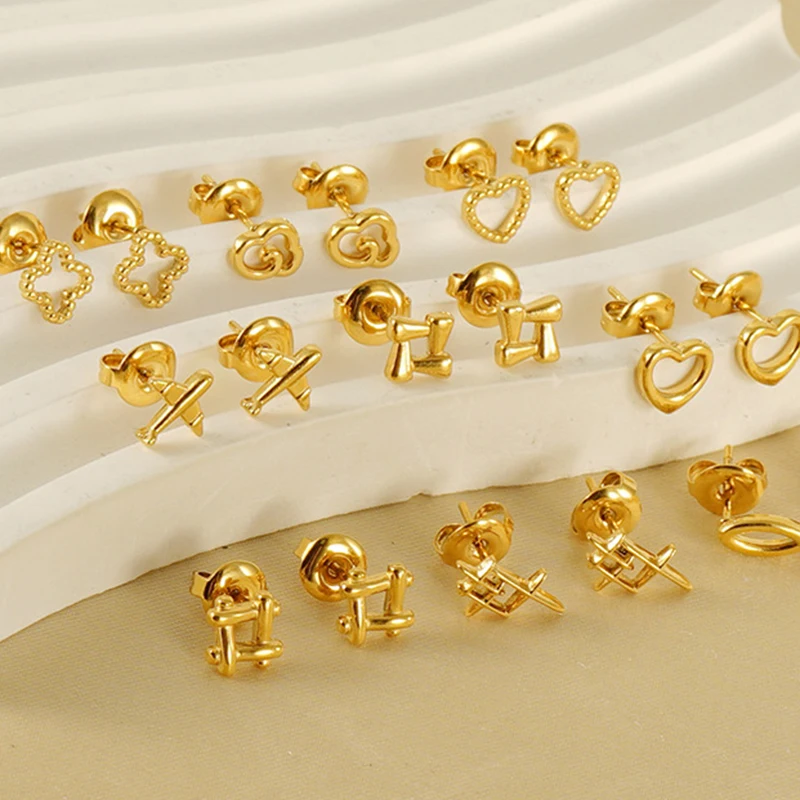 

18K Gold plated Stainless Steel Hollow Square Heart Clover Fish Stud Earrings Airplane Cloud Ear Studs Jewelry