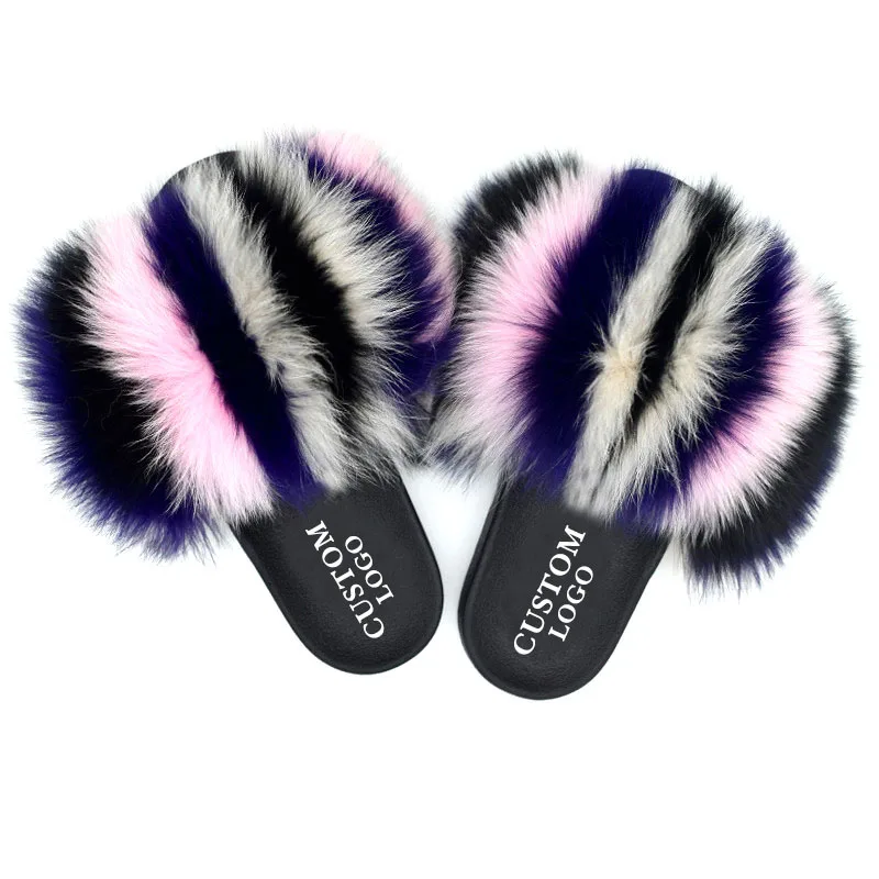 

hot sale wholesale cheap animal fur slides for woman lady fuzzy slipper new design custom logo fox fur fluffy slides, Customized color