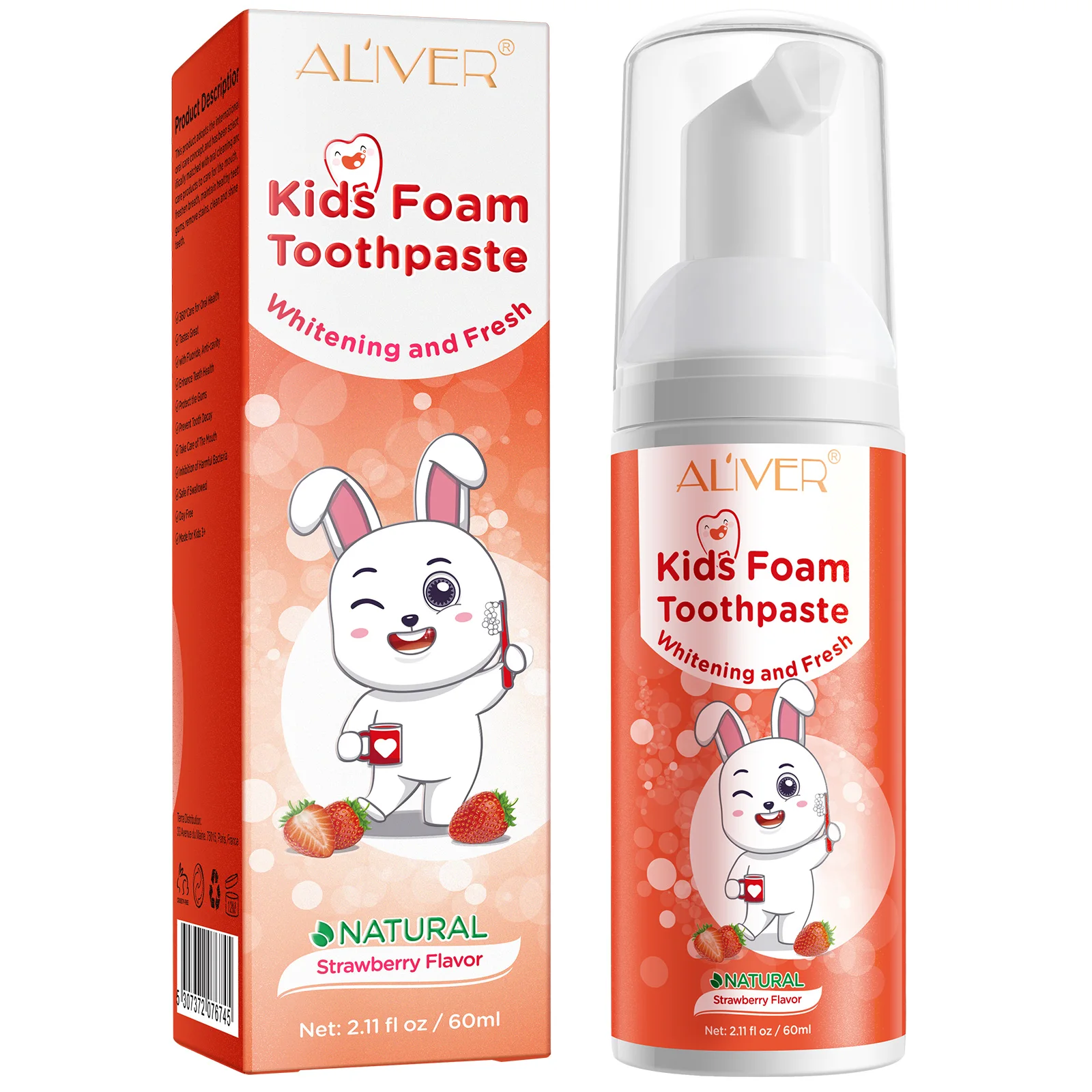 

Aliver Wholesale Private Label Kids Organic 60ml Toothpaste Children Mousse Strawberry Flavor Foam Toothpaste