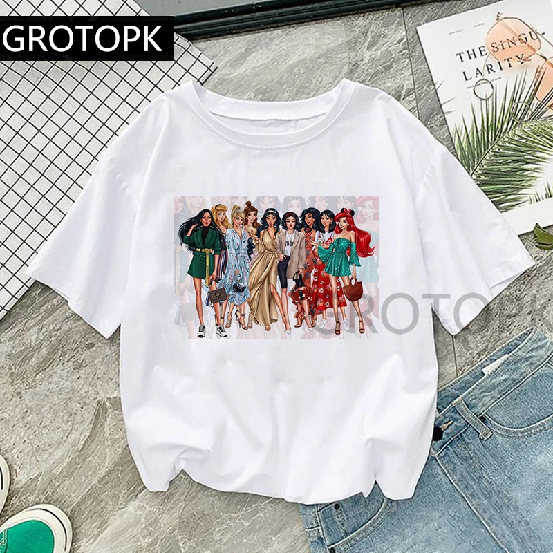 Wholesale Fashionable Princesses Party Harajuku White T-shirts Snow White Mulan Beauty Women Summer Casual Womens Clothes