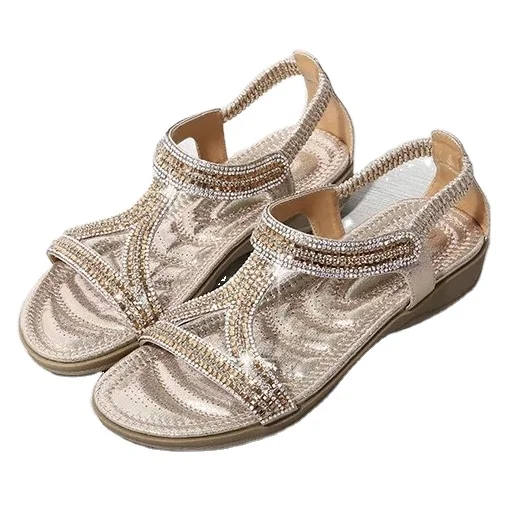 

2021New Hot Sales European and American style rhinestone mid heel wedge women and ladies sandals OEM customization