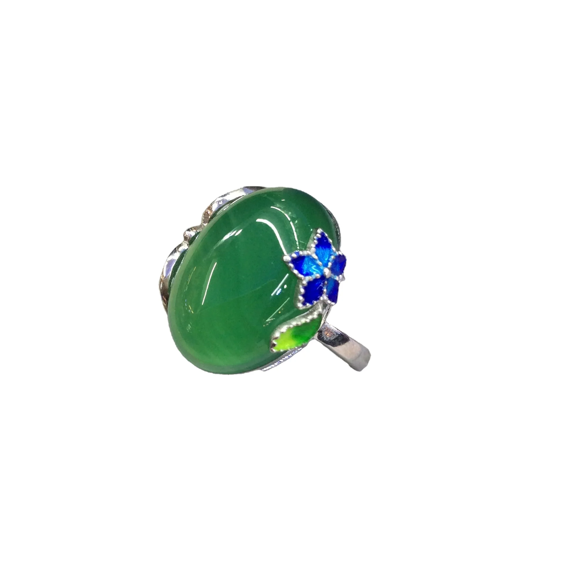 

S925 Sterling Silver Jadery Charm Classic Natural Green Jade Emerald Open Ring For Women Wedding Party Fine Jewelry, White
