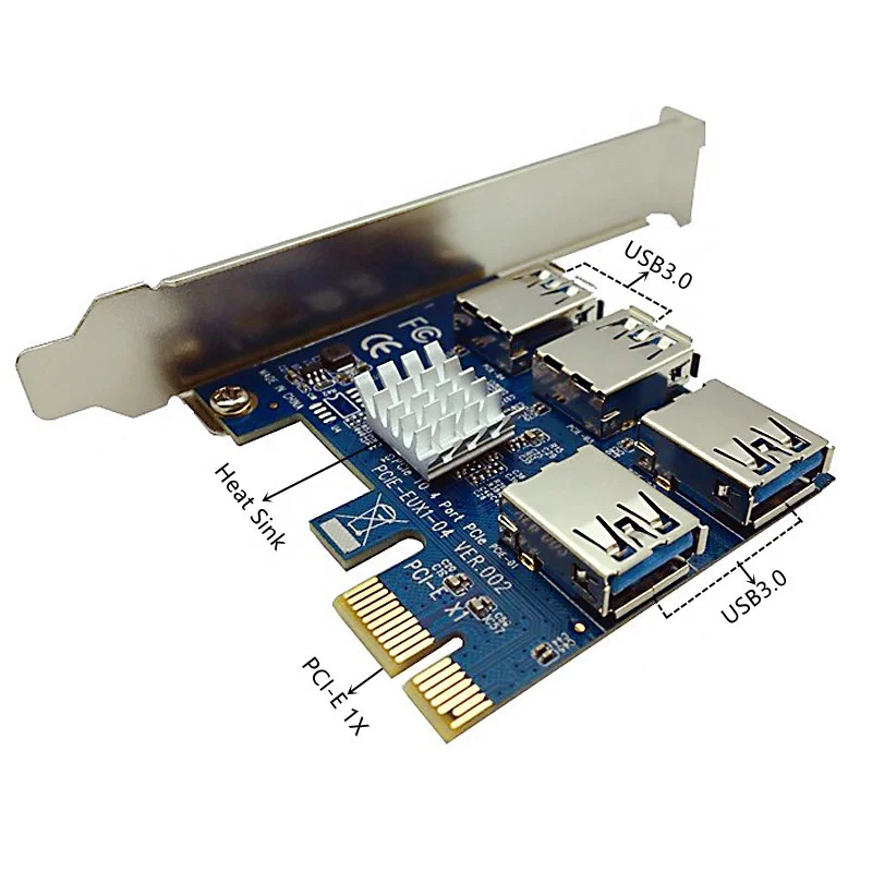 

Riser Card PCI-E USB3.0 Port Multiplier express PCIe 1 to 4 PCI-E USB 3.0 Adapter for BTC Graphics Card GPU Miner Rig, Blue