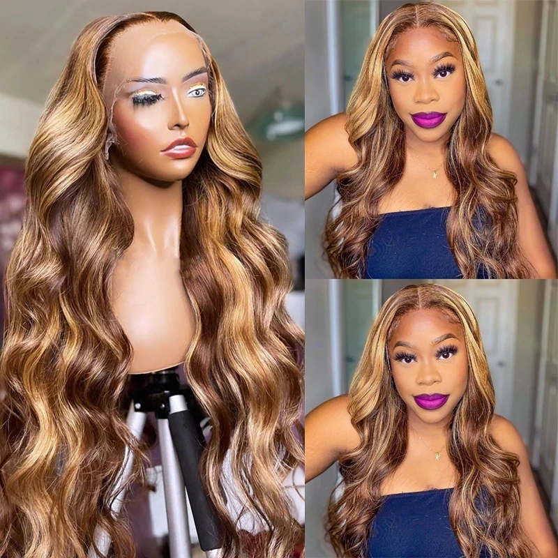 

Ombre Highlight Wavy Human Hair Wigs Pre Plucked 13x6 Lace Front Wig for Women Blonde Body Wave 180 Density Lace Wigs Hairline