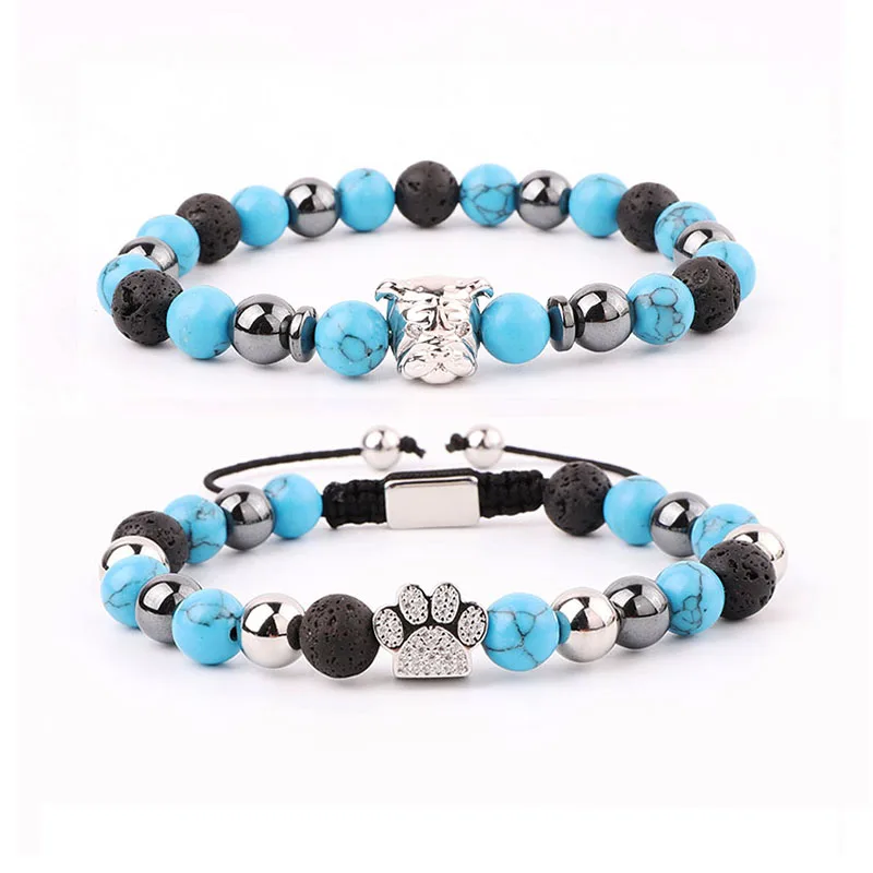 

New Design Natural Blue Turquoise Stone CZ Pave Paw Pet Dog Charm Beads Elastic Macrame Bracelet Women Men