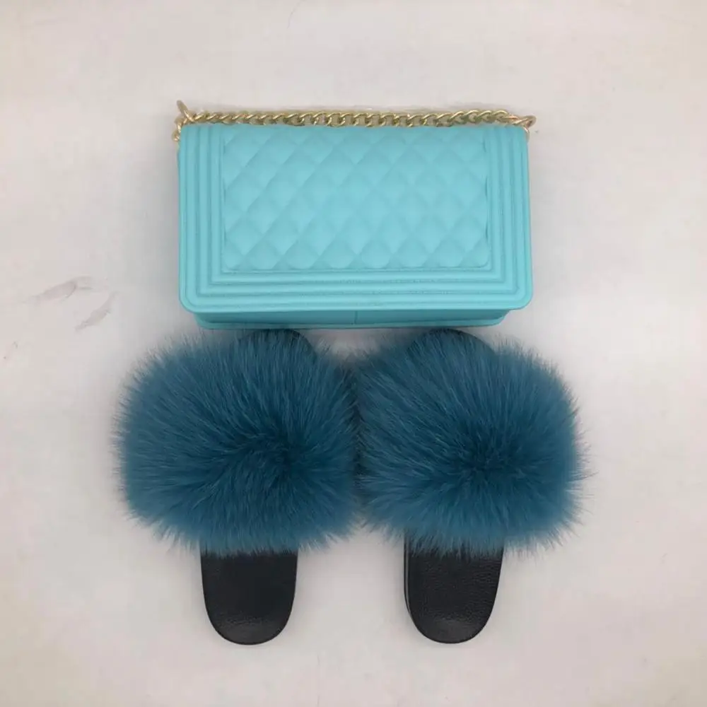 

New design women teal raccoon / fox fur slides matching teal purse sets, Customized color