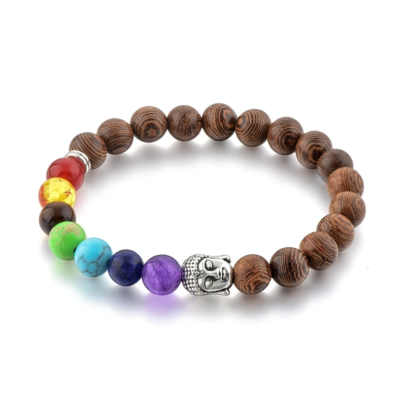 

Wood Bracelet Natural 7 Chakra Healing Bead Buddha Elephant Helmet Charm Wooden Bracelet, As photo