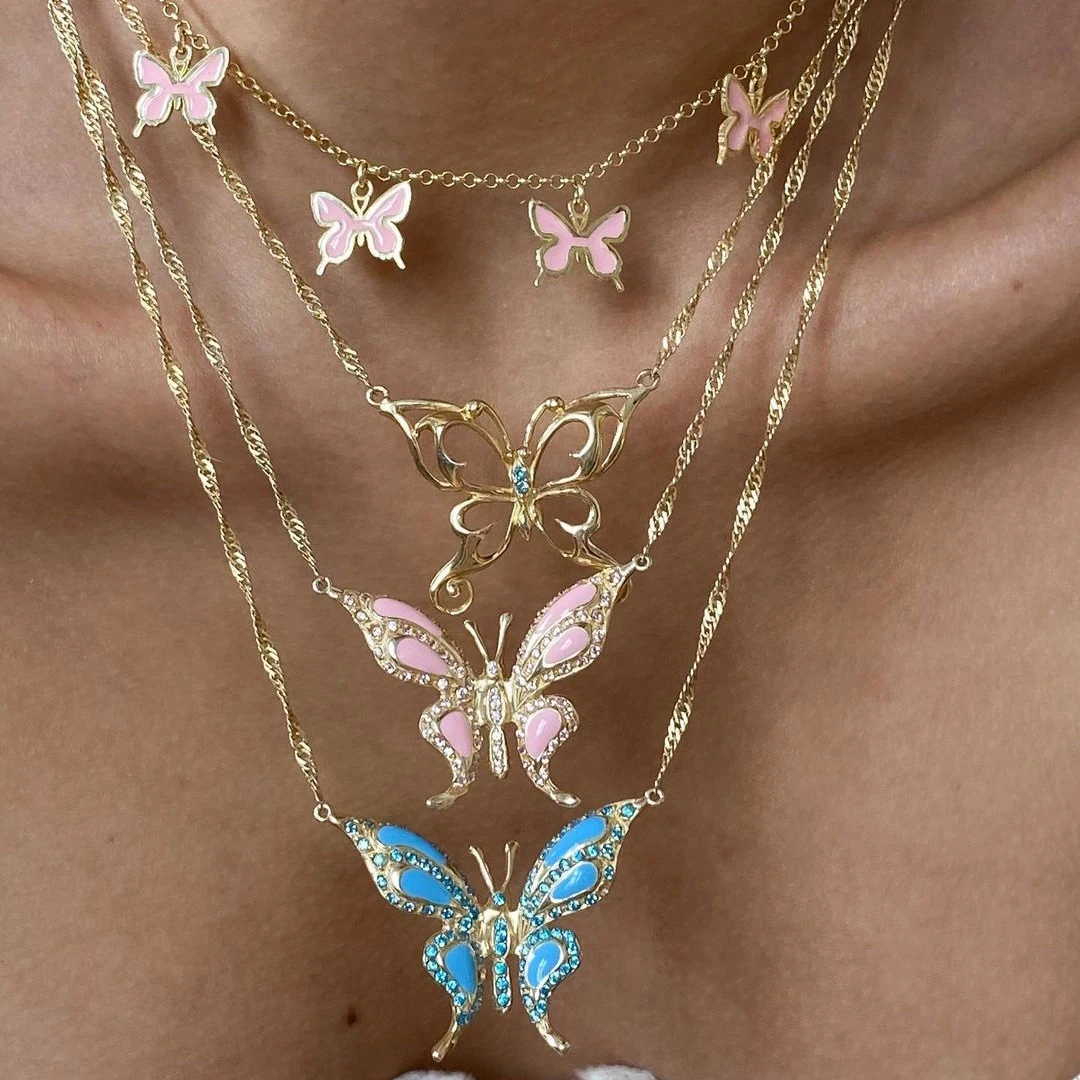 

Trendy European women drop of glaze with bling zircon butterfly necklace pendant necklace for girlfriend, Customized